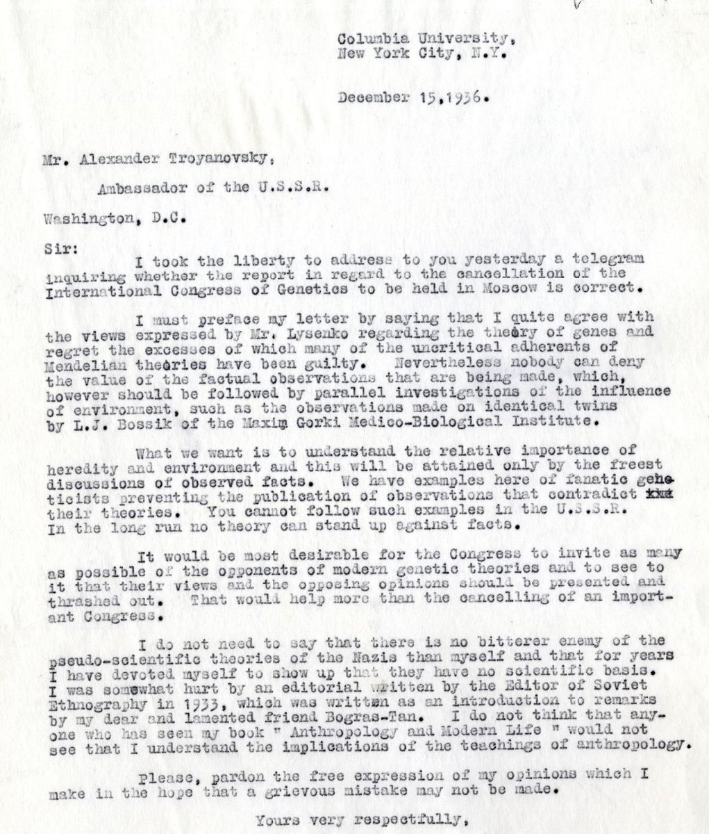thltd_'s tweet image. Boas wrote to the USSR in 1936 to praise Lysenkoism and whine about geneticists who refused to engage with his silly theories. So, yes, race denialism is modern day Lysenkoism.
x.com/RonsonolDrinke…