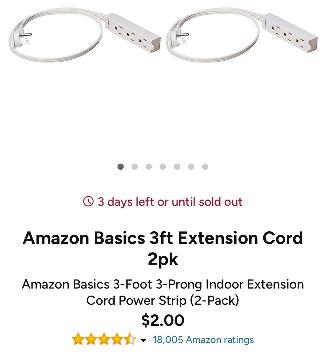 Pricerrors's tweet photo. $2 AMAZON BASICS EXTENSION CORDS 🔌

Amazon Basics 3ft 3-prong indoor power strips (2-pack) for $2.00

Comes out to $1 EACH

Normally $15+ — resell locally for $10+

Prime shipping available, grab multiples

https://t.co/YbFCTGYQlF https://t.co/KEdwixE5LZ