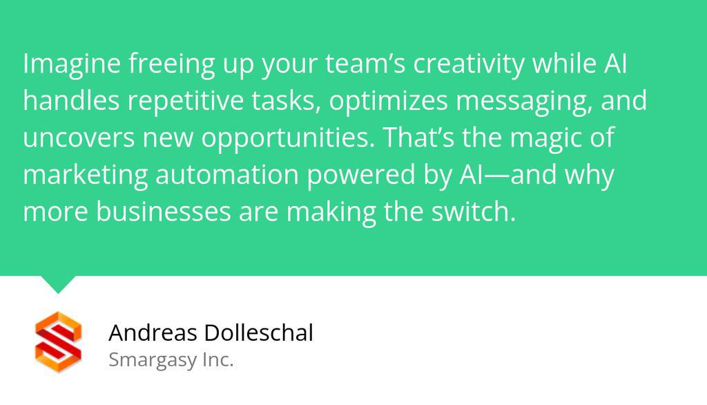 smargasy's tweet image. Why Is Marketing Automation Powered by AI Changing the Game?
▸ jo.my/1t3hty5

#RepetitiveTasks #MakeInformedAdjustments #CaseStudiesIllustrate
