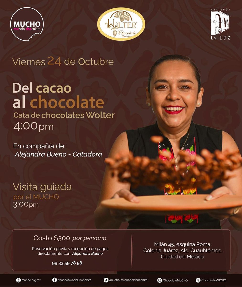 #RecomendamosMUCHO
Del cacao al chocolate 🍫
Cata de chocolates Wolter
En compañía de:
Alejandra Bueno - Catadora

🗓️ 24 de octubre 2025
15h Visita guiada por #ElMUCHO
16h Cata de Chocolates Wolter