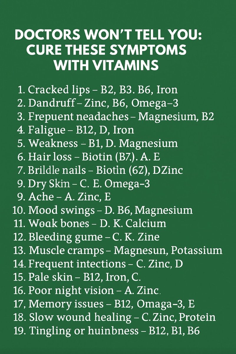🚨 Doctors won’t tell you this… but your symptoms might simply be a vitamin deficiency!

Most people rush to meds when their body is actually screaming for nutrients. Here’s how to decode it 👇

🥴 Cracked lips? — You’re likely low in B2, B3, B6, or Iron
🧠 Frequent headaches? —