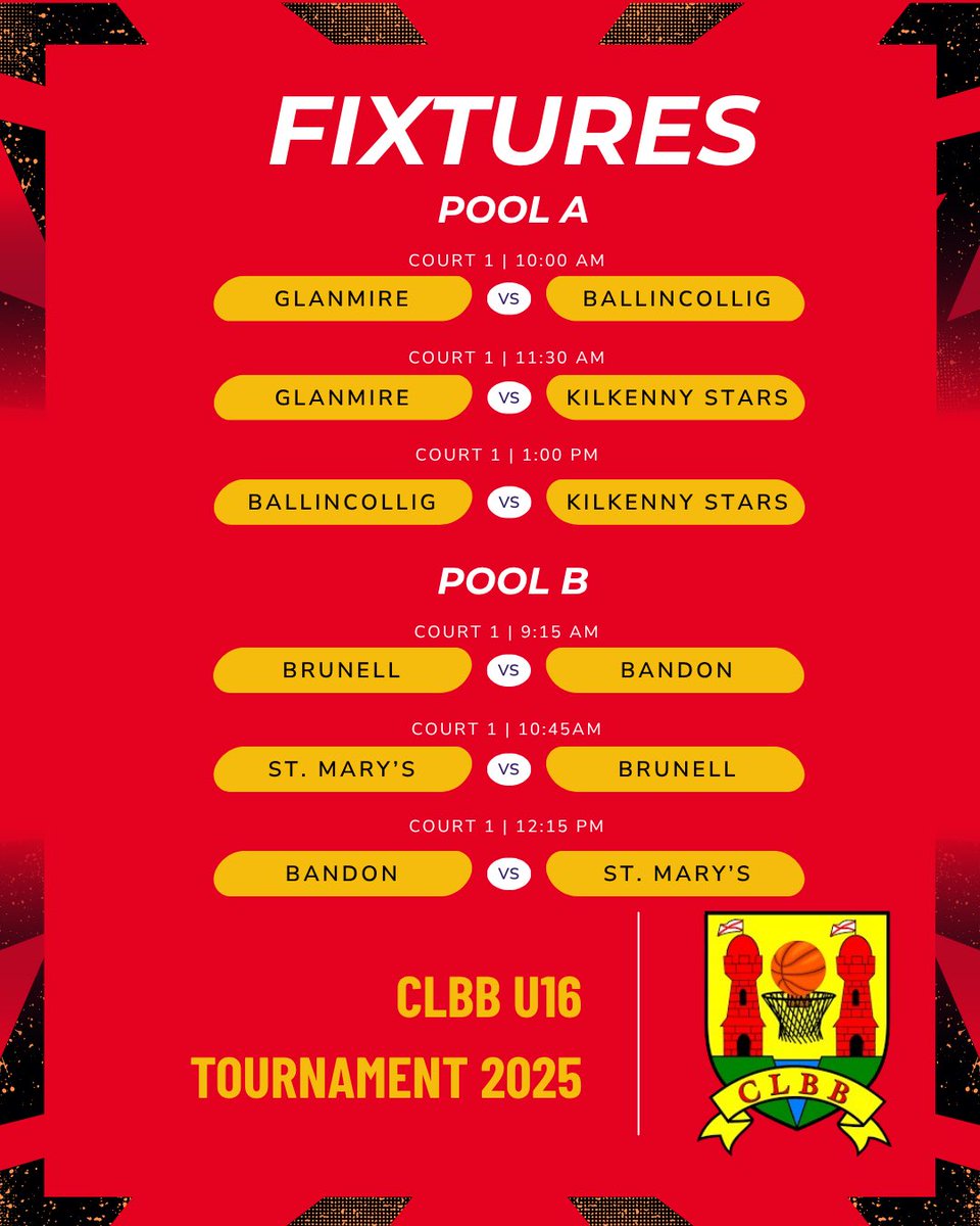 CorkLadiesBBall's tweet photo. 📣 U16 Tournament 📣

Come out and show your support in the Parochial Hall this Saturday as CLBB kicks off our annual tournaments with the U16 Girls!

Check out the pool fixtures below 👇 

#corkladiesbasketball #clbb #girlsinsport #womeninsport #girlsbasketball #tournament https://t.co/YBJ4TkJpvC