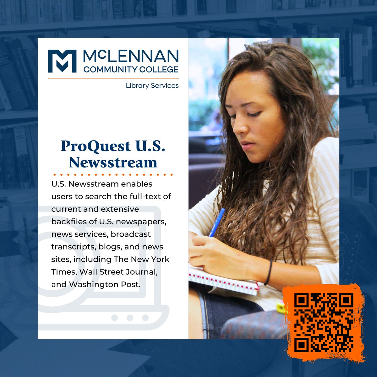 MCC_Lib's tweet image. 𝐀𝐜𝐞 𝐲𝐨𝐮𝐫 𝐫𝐞𝐬𝐞𝐚𝐫𝐜𝐡! 📰 Search full-text U.S. news, blogs &amp;amp; transcripts, including NYT, WSJ &amp;amp; Washington Post, with U.S. Newsstream.
#ResearchReady  #McLennanCommunityCollege #MCCLibWaco #MCCLearningCommons