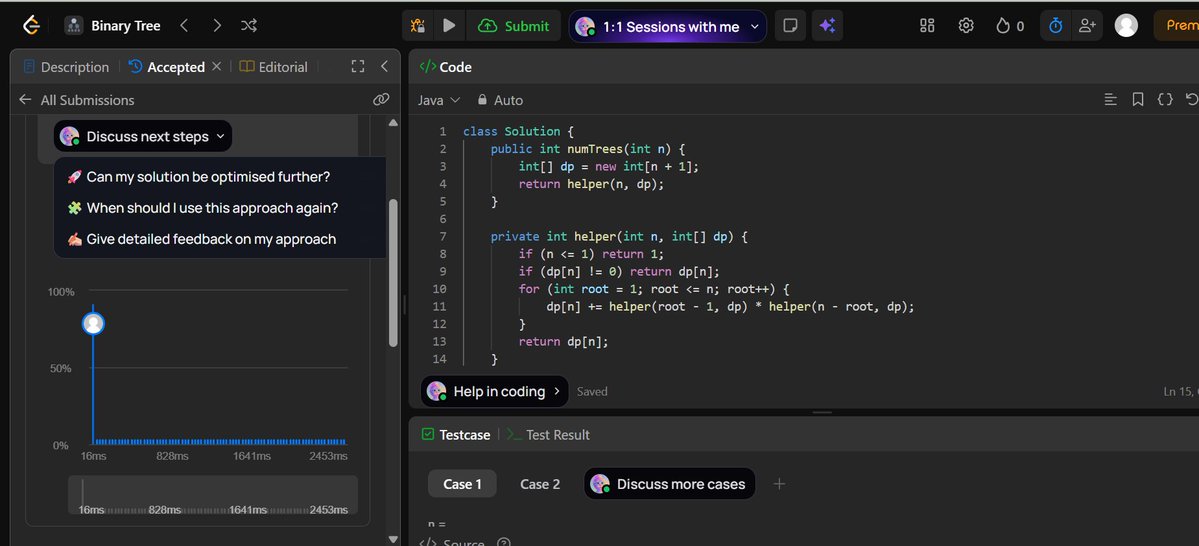 SoumyajitSingh_'s tweet image. Day 13/100 – #LeetCode100DaysChallenge
Problem: Unique Binary Search Trees
Time: O(n²) | Space: O(n) | Runtime: 16 ms (beats 98%)
#100DaysOfCode #LeetCode #Java #DSA #DynamicProgramming #CodingChallenge #ProblemSolving #Zigbee