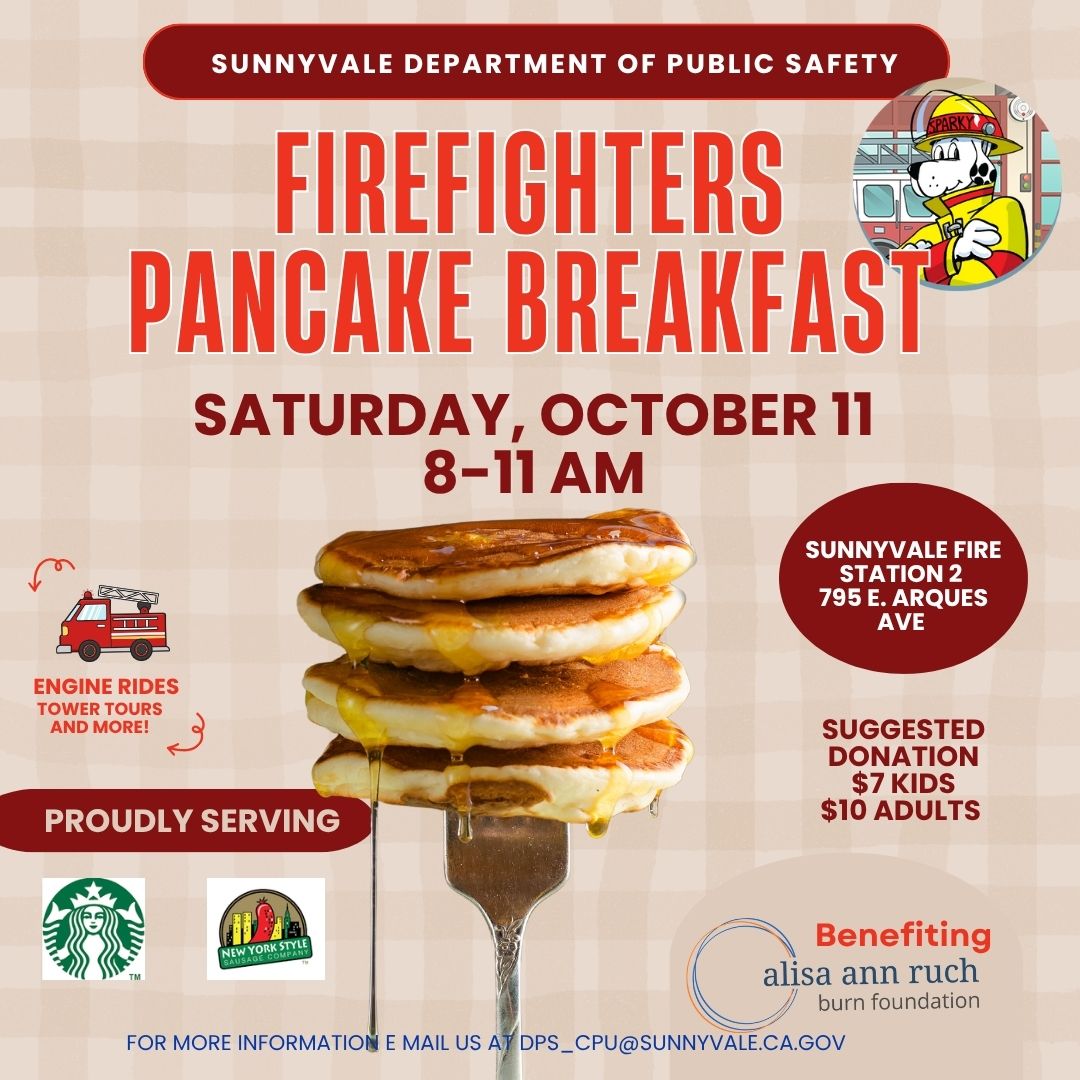 SunnyvaleDPS's tweet photo. Join us for the Annual Firefighters Pancake Breakfast this Sat 10/11, from 8a–11 a at Fire Station 2 (795 E. Arques Av)!
Enjoy a delicious breakfast while supporting a great cause — the Alisa Ann Ruch Burn Foundation.
Parking will be available across the street at Lowe’s. https://t.co/tYcOK7IUah