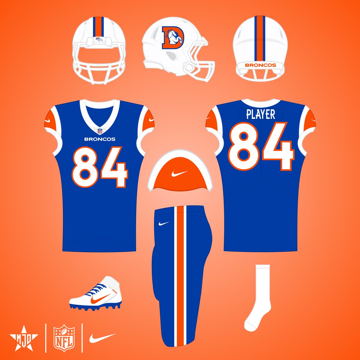 MJD7Design's tweet image. Denver Broncos:

Of course, I went back to the royal blue, and went with a throwback-style design inspired by the Broncos&apos; uniforms in the &apos;60s. I brought back the number font from the Elway uniforms, too.

#BroncosCountry