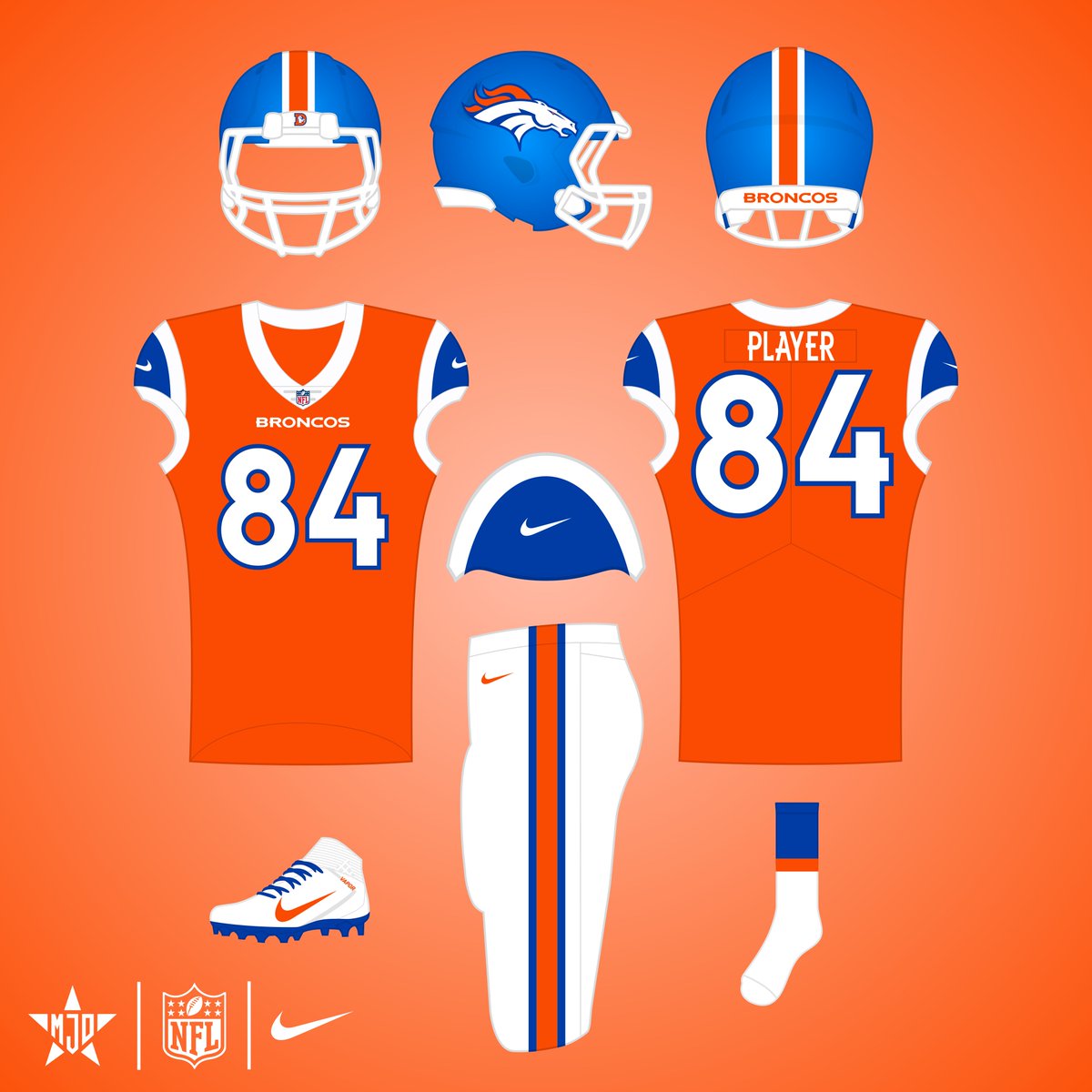 MJD7Design's tweet image. Denver Broncos:

Of course, I went back to the royal blue, and went with a throwback-style design inspired by the Broncos&apos; uniforms in the &apos;60s. I brought back the number font from the Elway uniforms, too.

#BroncosCountry
