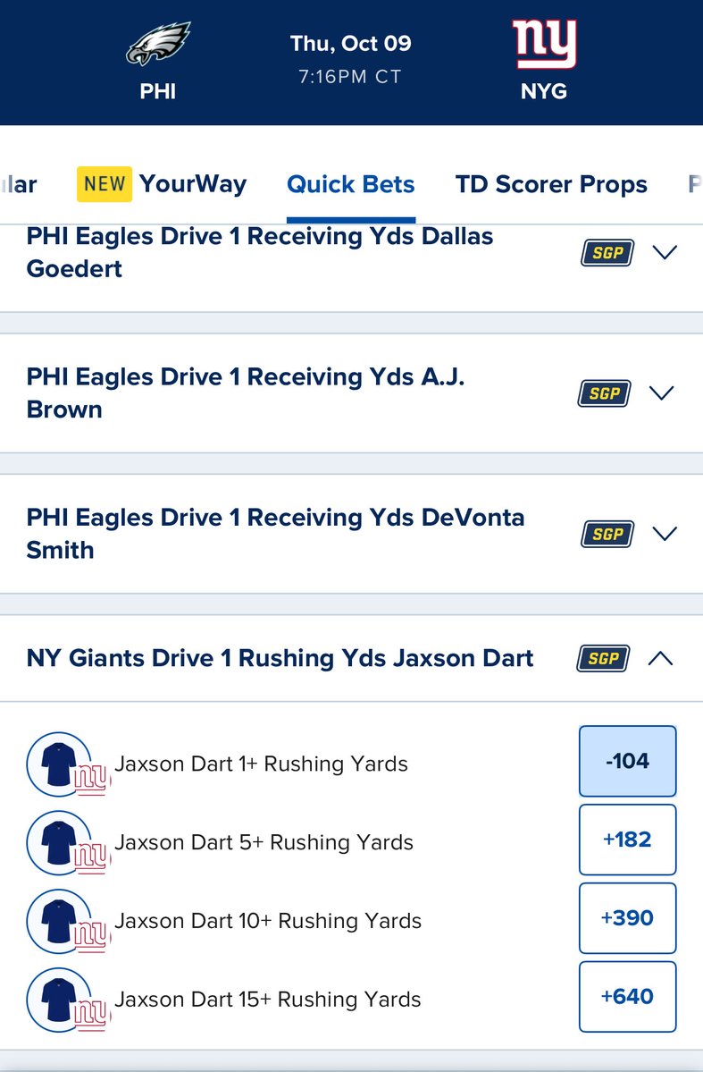 AdamsDigest's tweet image. Jackson Dart 1+ Rushing yard on the NYG 1st Drive -104 on FD 👀

Who’s tailing?!?