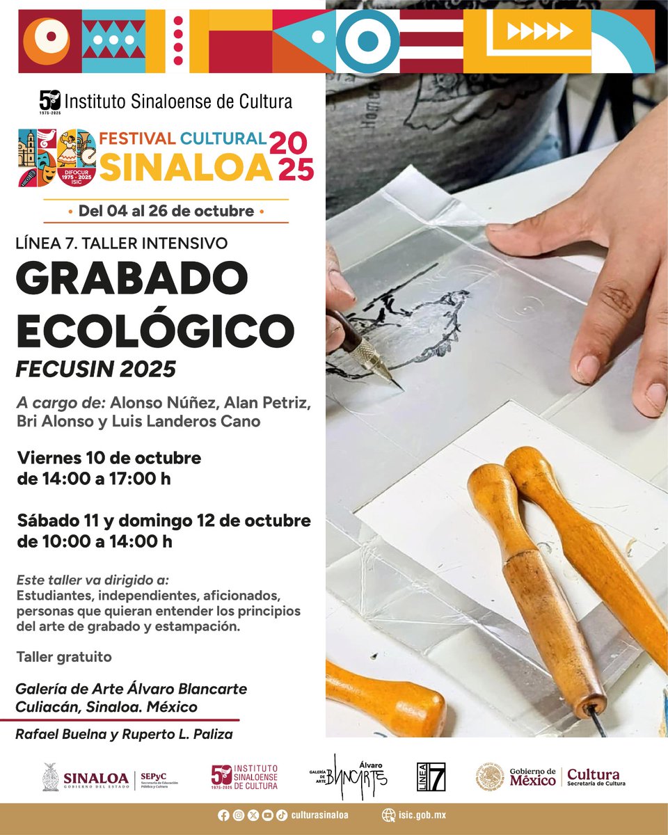 Festival Cultural Sinaloa 2025 y colectivo La Línea 7 trae el Taller Intensivo Grabado Ecológico, diseñado para entender los principios del arte de grabado y estampación.

#FestivalCulturalSinaloa2025 #TallerDeGrabado #CuliacánArte #FECUSIN #ArteGratis #ISIC #Estampación
