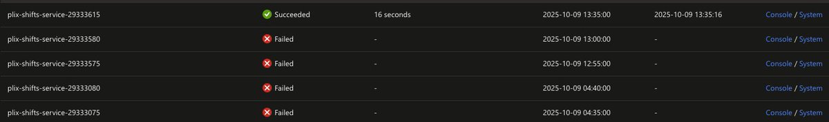tnmygrwl's tweet image. it's all good now, but we saw successive failures on one of our container app jobs where it didn't exit gracefully and never released our custom distributed lock, which meant all the following "successes" exited early. While we're ranting, I don't have access to the logs for some…