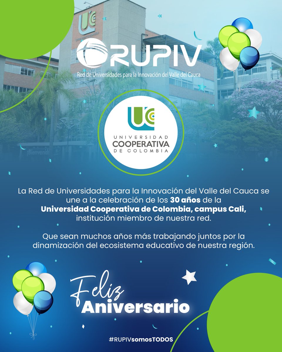 🎉 Felicitamos a la Universidad Cooperativa de Colombia, campus Cali, por sus 30 años de compromiso con la educación y el desarrollo regional. 🌎📚

Desde la RUPIV celebramos su aporte al progreso y la innovación en el Valle del Cauca. 🤝💡

#RUPIVsomosTODOS #UCC