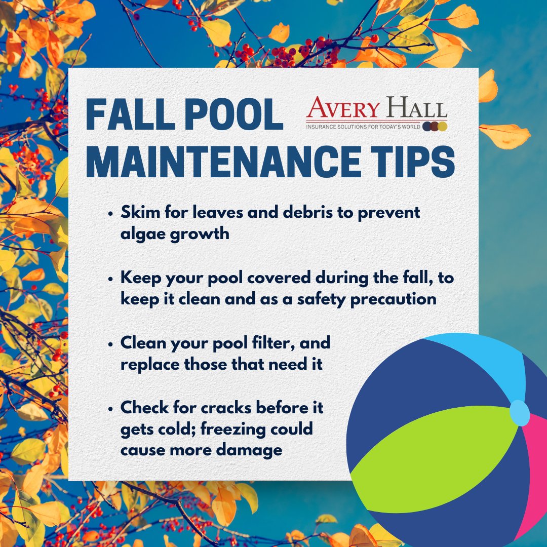 AveryHallIns's tweet image. It's officially Fall and there's a bit of a chill in the air! 🥶🍂 Here are a few tips to maintain your pool during the colder months so it's ready to go when summer rolls back around 😎

#poolmaintenance #happyfall #welcomefall #homeowner