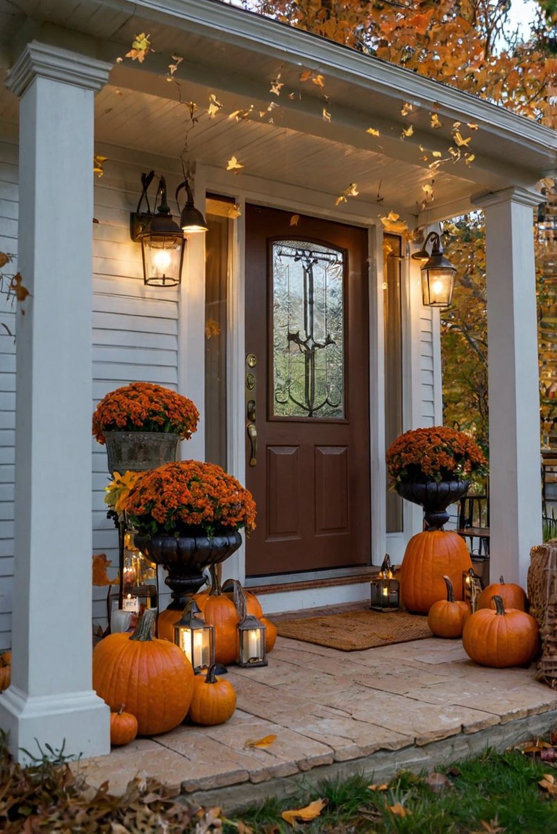 SherryB120's tweet image. Warm Autumn Welcome: A Cozy Threshold
A charming porch glows with vibrant orange pumpkins, lush autumn blooms, and soft lantern light under a canopy of falling leaves. Feel the cozy embrace and festive joy of the season wash over you. #DesignandDecor #ExcitingExteriors…