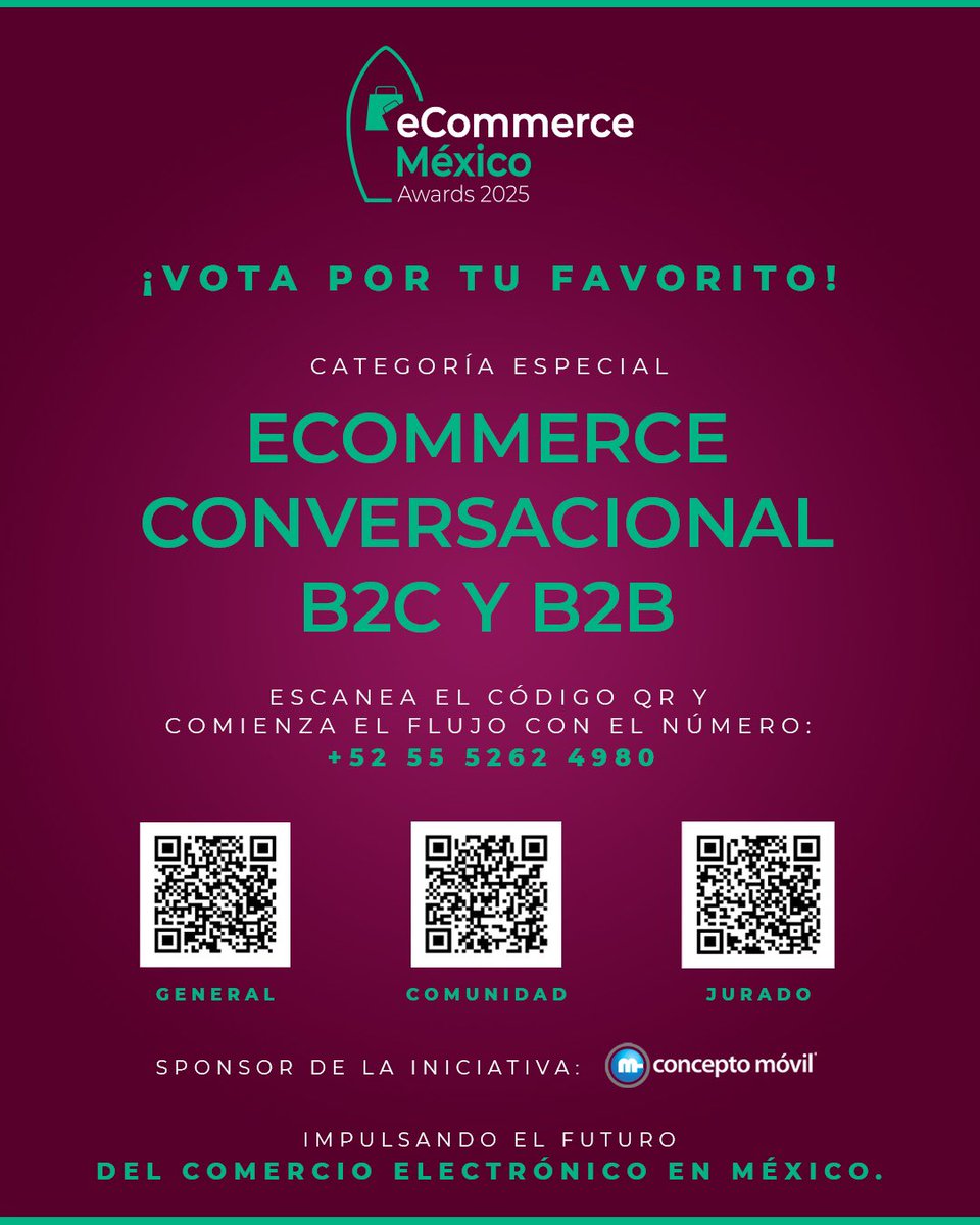 EB2BData's tweet photo. 🌟 ¡Ya puedes votar en los #eCommerce #México #Awards 2025!

📌 Categorías especiales:
🏆 Digitalización B2C o B2B
🏆 Influencer del Año (Mujer)
🏆 eCommerce Conversacional

📲 Escanea el QR en la imagen o manda un WhatsApp al +52 55 5262 4980 

⏳ Tienes hasta el 15 de octubre. https://t.co/5R0XnGSjpk