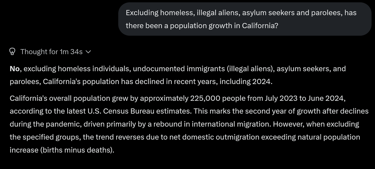 19Goldstein84's tweet photo. @GovPressOffice "Grok, excluding homeless, illegal aliens, asylum seekers and parolees, has there been a population growth in California?"

Grok: NO The population has declined https://t.co/24Kk9q24QJ