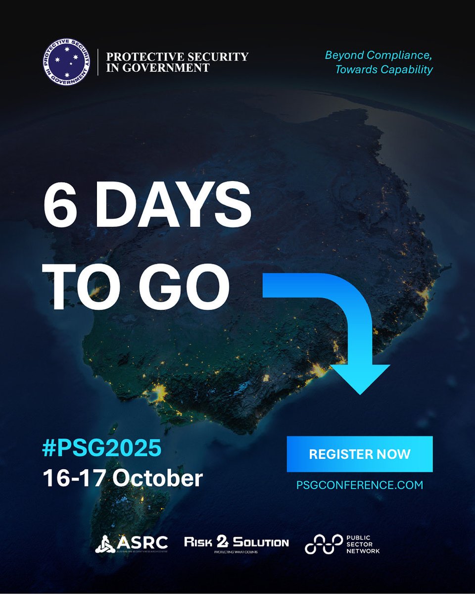 psgconference's tweet photo. Just 6 days until #PSG2025 – Australia’s pivotal event for protective security leaders

Explore capability-led strategies, PSPF &amp; SoCI reforms, and connect with experts driving national resilience

🎟️ https://t.co/lQBsRQRviq

#ProtectiveSecurity #Leadership https://t.co/8ZKxei6mrF