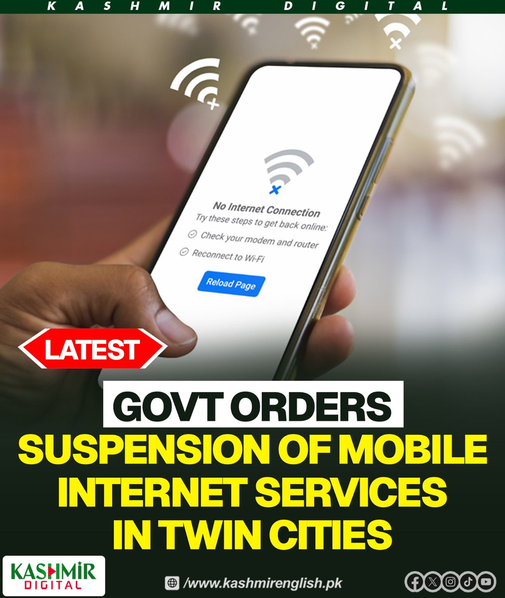 KashmirDigital1's tweet image. The federal government has directed the suspension of 3G and 4G mobile internet services in Islamabad and Rawalpindi from midnight tonight until further orders.

To read more, visit: kashmirenglish.pk/govt-orders-su…
#mobileservices #Islamabad