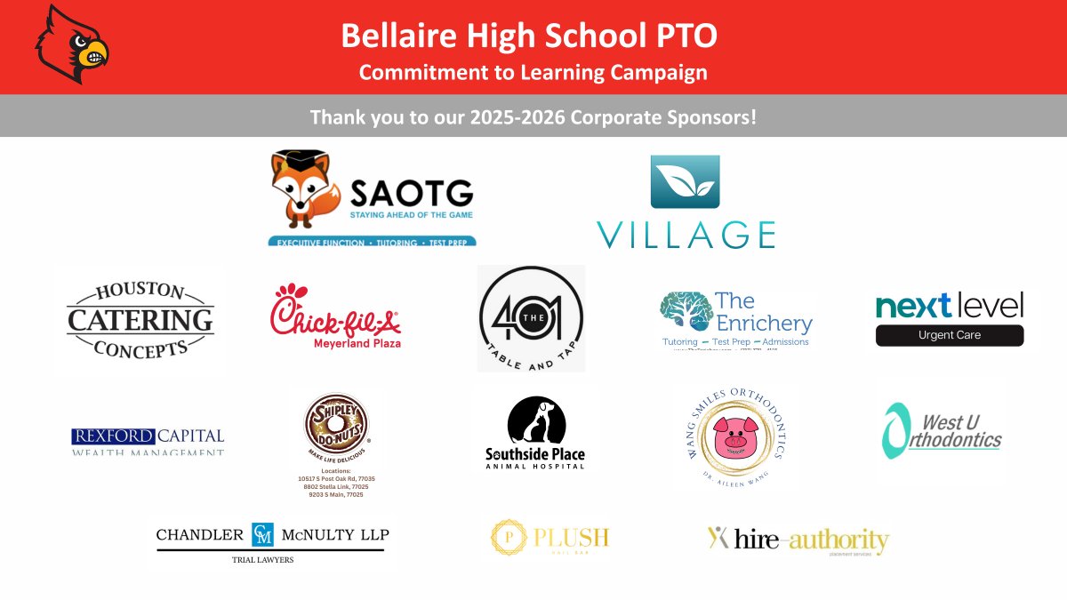 We rely on our community partners to elevate our school's initiatives to the next level. Your contribution will make a direct and positive impact on the students and teachers at Bellaire High School.  bellairepto.org/corporate-spon…

Thank you to our 2025-2026 Sponsors