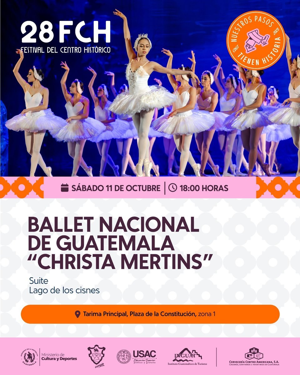 #28FCH | 🩰✨ El Lago de los Cisnes vuelve para cautivarnos.

Acompáñanos a disfrutar la presentación del Ballet Nacional de Guatemala “Christa Mertins” en el marco del Festival del Centro Histórico 2025.

#ElPuebloDignoEsPrimero