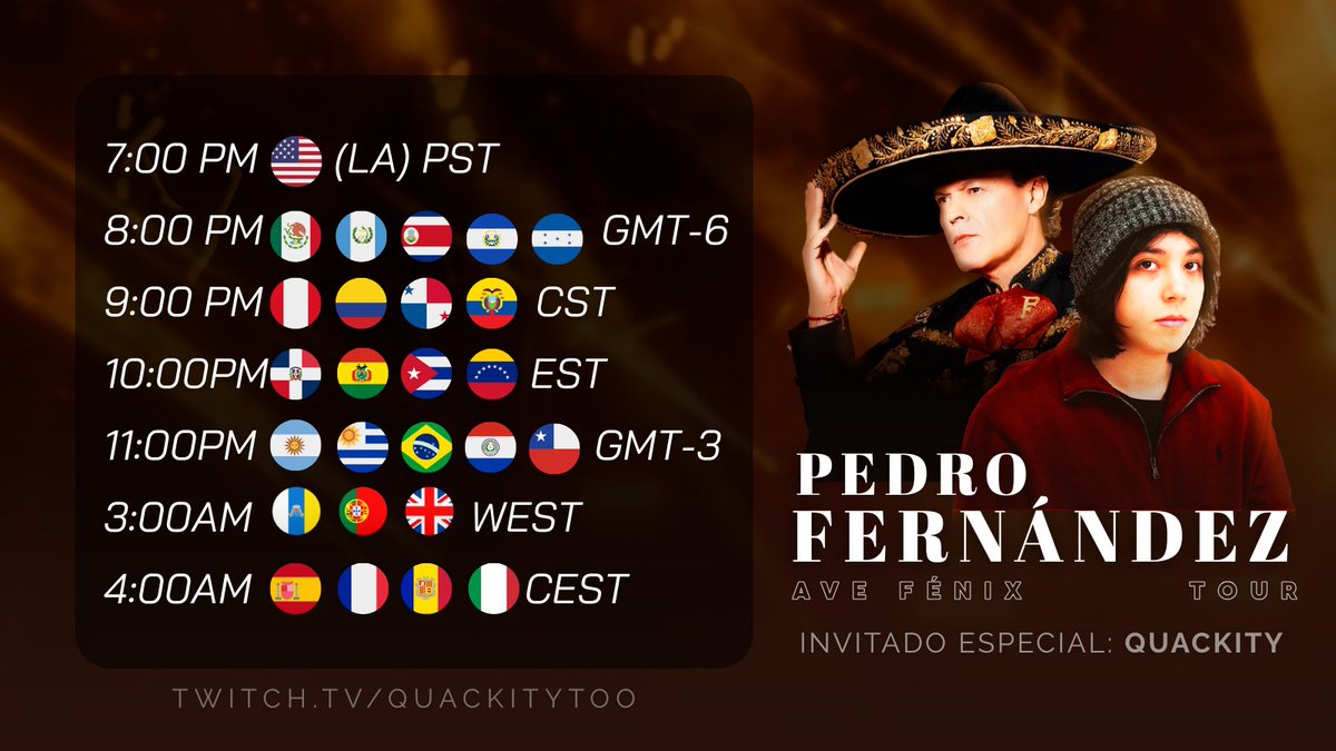 ¡IRL DESDE EL PEACOCK THEATER: AVE FÉNIX TOUR CON PEDRO FERNÁNDEZ! 🎤🎶
11 de octubre

⏰ HORARIOS
🟣 vía twitch.tv/Quackitytoo