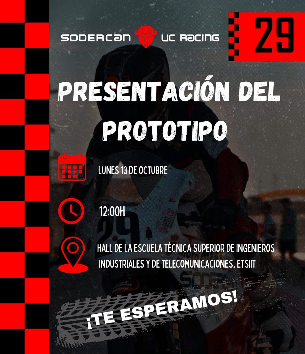 💥 PRESENTACIÓN DEL PROTOTIPO 💥

Te invitamos a conocer nuestra moto 🚀

📅 Lunes, 13 oct 2025
🕛 12:00 h
📍 Lugar: Hall <a href="/ETSIIT_UNICAN/">ETSIIT_UNICAN</a> 

Evento abierto 👐

Ven a descubrir el trabajo del equipo y los próximos pasos del proyecto. ¡Te esperamos! 🎉

#UCRacing #Motostudent
