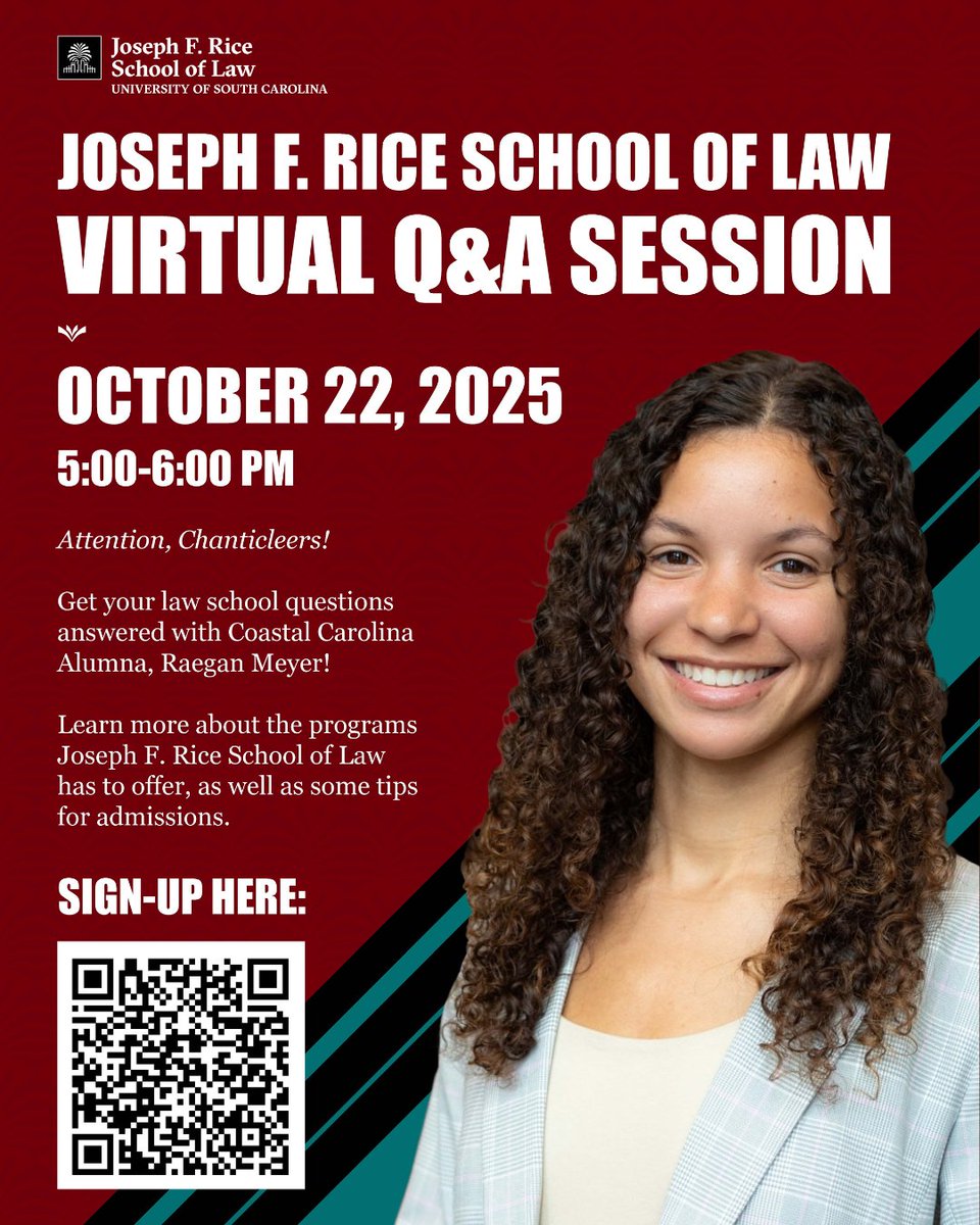 🎓Thinking about law school?
Join us on Oct. 22 at 5 p.m. for a virtual Q&amp;A session with Raegan Meyer (Political Science '24), representing the University of South Carolina Joseph F. Rice School of Law! Register now by scanning the code or at bit.ly/lawschoolqa.