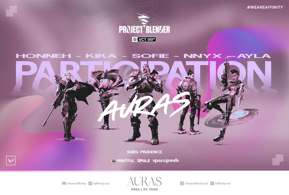 AffinityVAL's tweet image. 🌸ANNOUNCEMENT🌸

Our @AffinityAuras roster will also be partaking in the upcoming @ProjectBlender_ qualifiers!

lets get it girls!

#WeAreAffinity #VALORANT