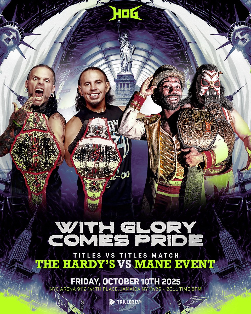 HOGwrestling's tweet image. TITLES 🆚TITLES 

Who will leave the NYC Arena HOG &amp;amp; TNA Tag Team Champions tomorrow night?

📺: @Triller_TV 
🎟️: tickettailor.com/events/houseof…