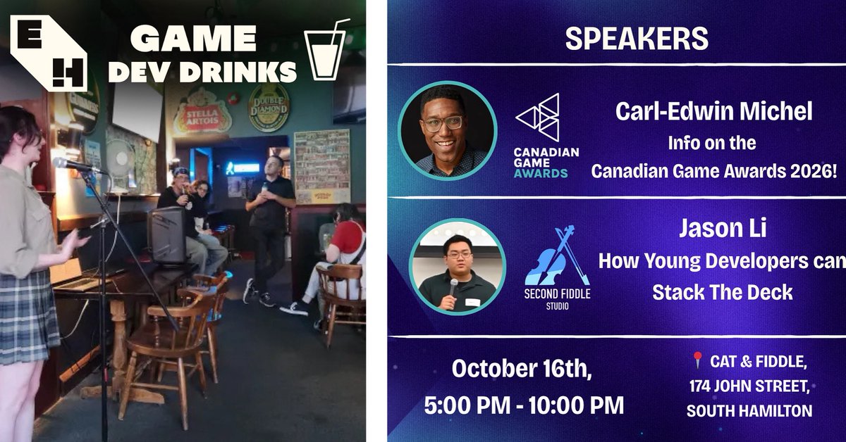 🍻🎮 Join us for Eh! Game Dev Drinks in Hamilton!

📅 Oct 16, 2025 | 5–10 PM
📍 Cat &amp; Fiddle, 174 John St. S

Talks include:
✨ Updates on the Canadian Game Awards 2026 from Carl-Edwin Michel
✨ Jason Li of Second Fiddle Studio – How Young Devs Can Stack the Deck

🎮 Game demos +