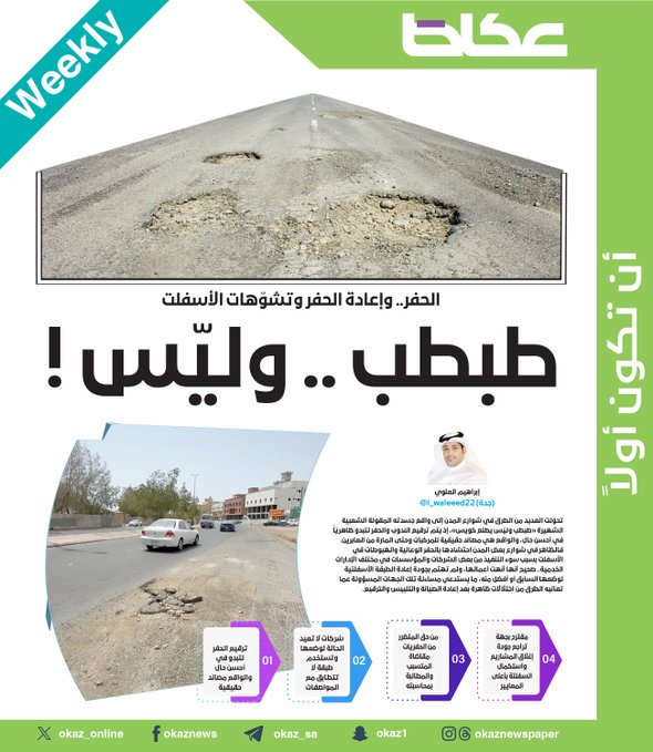 الحفر.. وإعادة الحفر وتشوّهات الأسفلت. طبطب .. وليّس ! إبراهيم العلوي. للاطلاع على 
