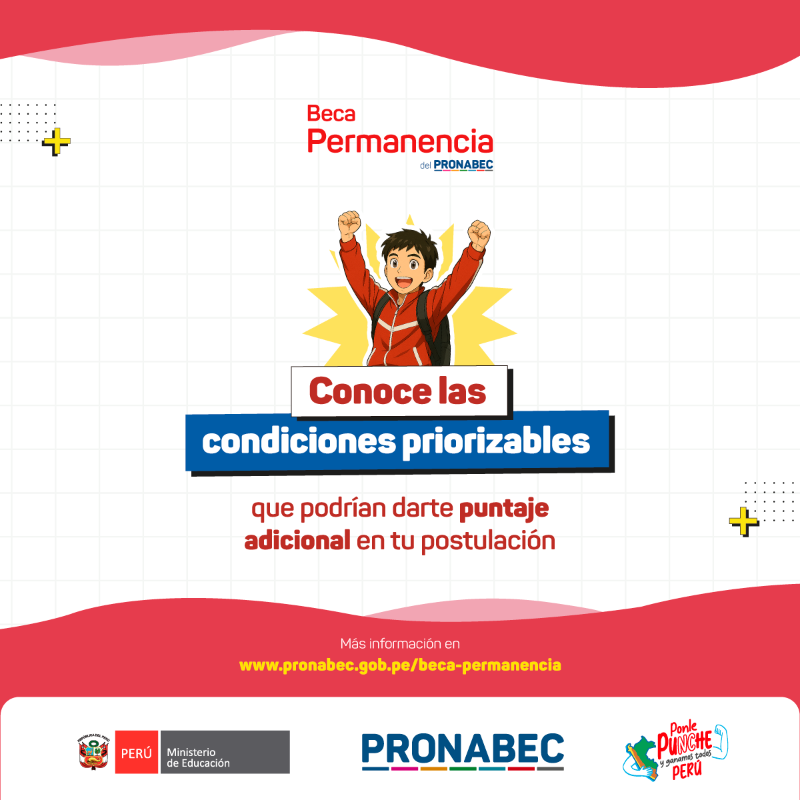 Pronabec's tweet photo. ✅ Conoce las condiciones priorizables de #BecaPermanencia del #Pronabec. 🚀 ¡Inscríbete hasta el 4 de noviembre! 🎓 

📌 Revisa las bases del concurso ➡️ https://t.co/wVqgu5L5m8