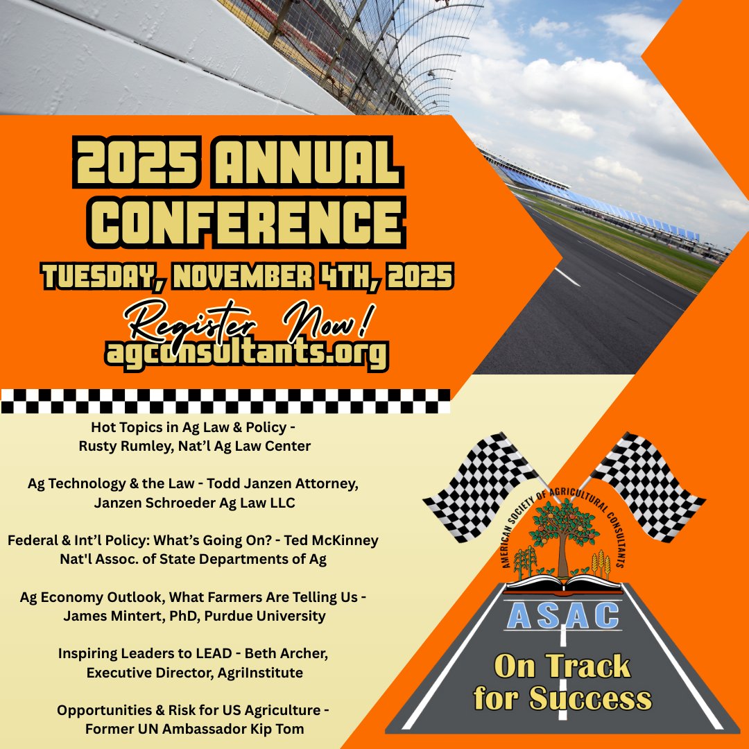 The_ASAC's tweet image. A special one-day registration opportunity is being offered for Tuesday, November 4. The window for Tuesday-only registrations will close October 13. Go to agconsultants.org/2025_annual_co… and select the Registration link. #ASAC2025 #agconsultants