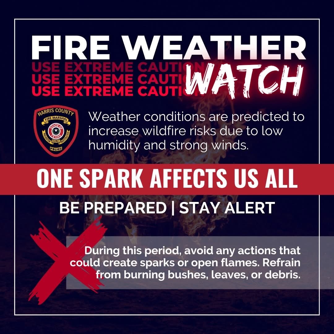 Springfdtx's tweet image. An Important Message from the Harris County Fire Marshal:
Dry air, gusty winds, and low humidity are making it easy for fires to start and spread quickly today and Friday. Be prepared and stay alert.
- Avoid outdoor burning
-Be cautious with anything that could spark a flame
-Dry…