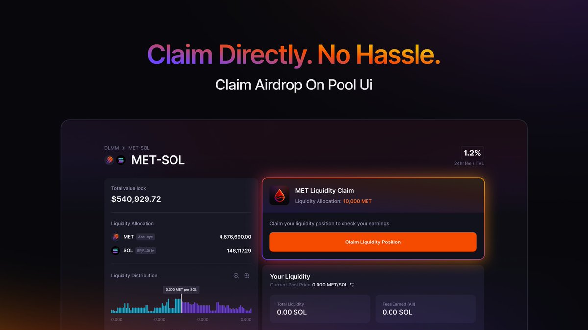 MeteoraAG's tweet image. Choosing $MET allocation over the Liquidity Distributor NFT?

Reminder: You’ll claim straight from any MET paired pool.

From there, you can LP instantly by deploying your strategy, stacking fees, and taking control.

This is the edge Meteora gives you.