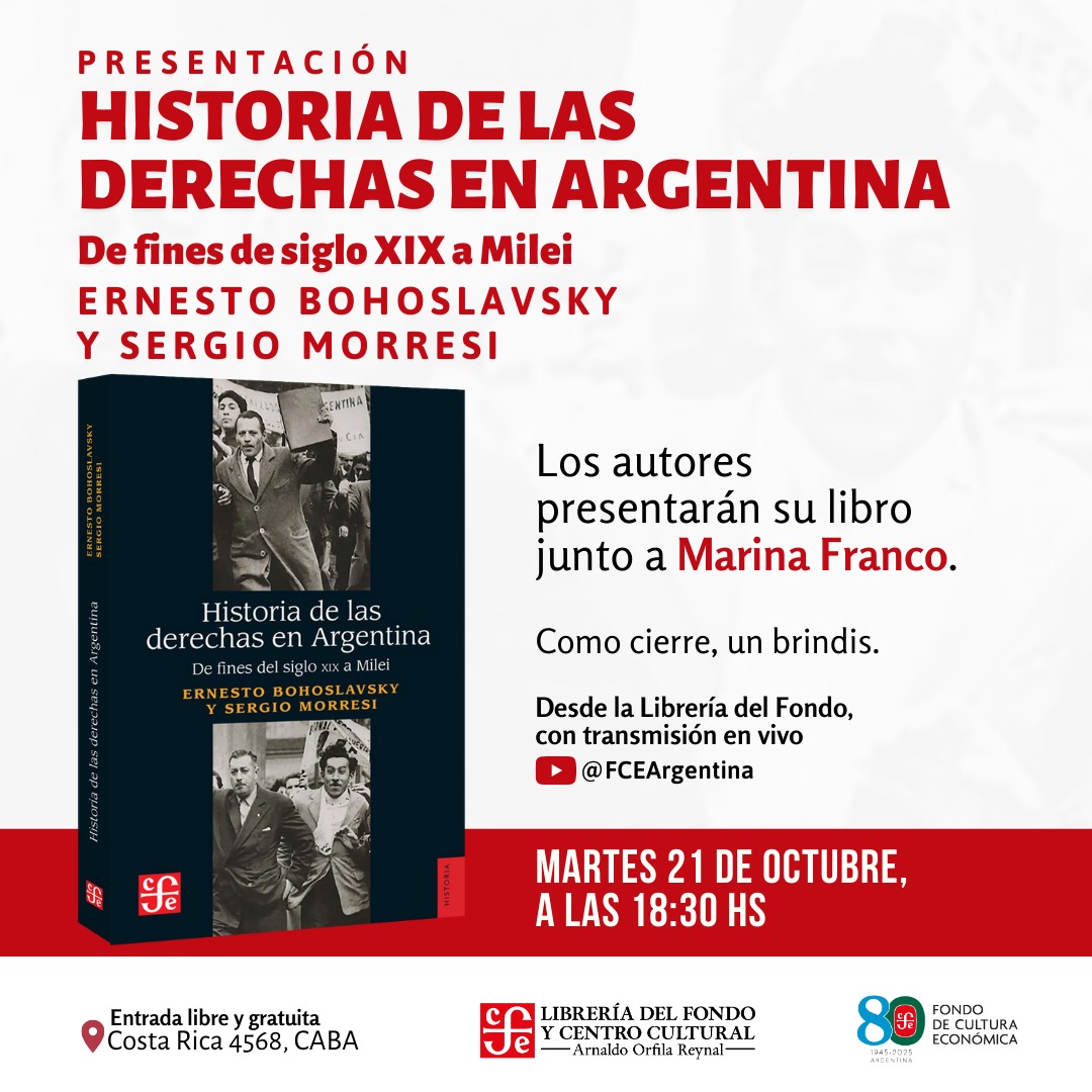 En unos días (el 21/10) vamos a hacer a presentar el libro que escribimos con <a href="/ebohos/">Ernesto Bohoslavsky</a> sobre la historia de las derechas. Lo va a comentar una gran historiadora y  amiga: Marina Franco. Y al final hay brindis.