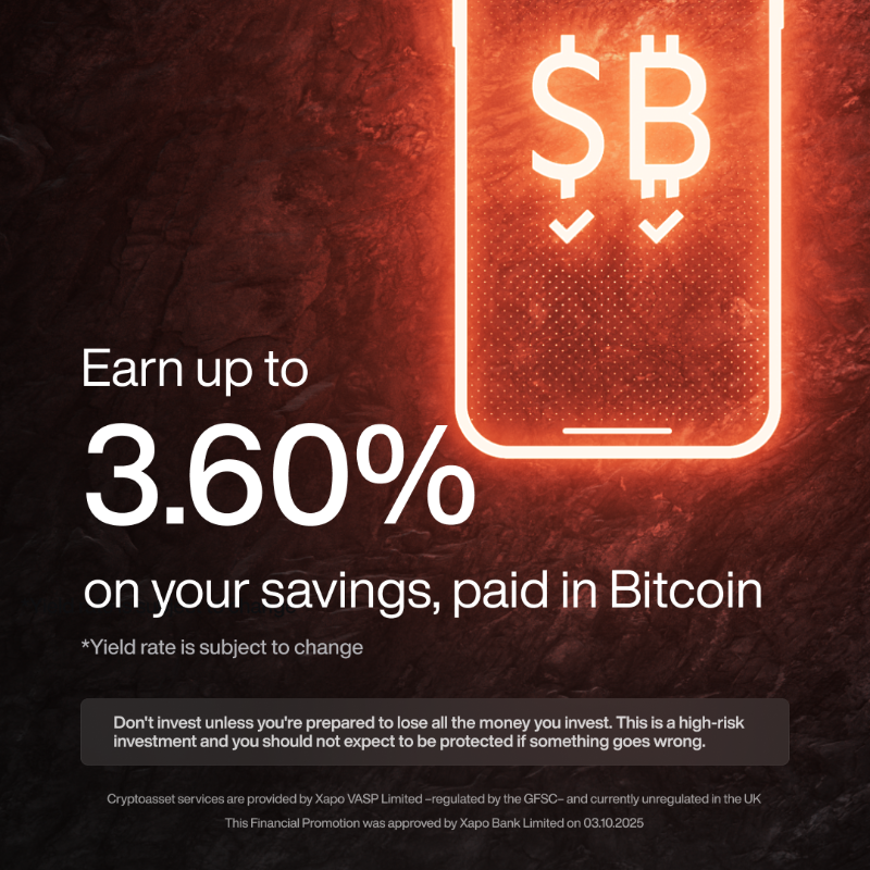 xapobankapp's tweet photo. No trading, no mining—just free BTC for saving with Xapo Bank.