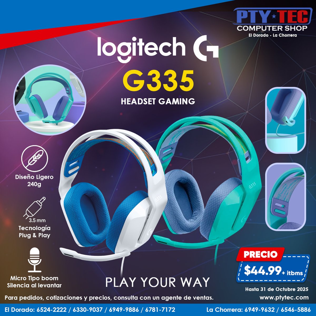 ptytec_computer's tweet photo. 🎧 Logitech G335: estilo y comodidad para gamers. Ligero (240 g), con cable 3.5 mm, micrófono abatible con mute y diseño vibrante. Compatible con PC, consolas y móviles.
Ofertas: https://t.co/QnwXsHYpSQ
#LogitechG335 #GamingGear #ptytec https://t.co/bWrH3HGYw5