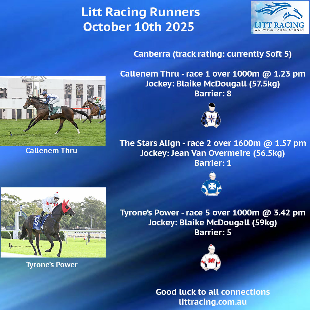 We head to our happy hunting ground of Canberra today with 3 runners. CALLENEM THRU is over 1000m, new stable addition THE STARS ALIGN is over 1600m, with blinkers applied, and TYRONE'S POWER returns as a gelding over 1000m. All horses are first-up. Good luck to all 🤞