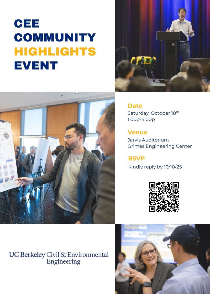 👋 Join us for the <a href="/BerkeleyCee/">UC Berkeley Civil & Environmental Engineering</a> Community Highlights event! It's FREE 💰! Experience lightning talks, research posters, research centers and networking! But the real highlight... yours truly will emcee 😜 🤵‍♂️ Details in image! youtu.be/vnd_DVAkB8s?si…