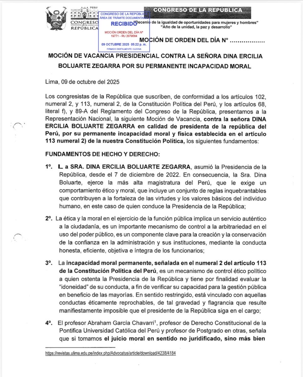 martinhidalgo's tweet photo. Ingresó a trámite una tercera moción de vacancia presidencial contra Dina Boluarte. https://t.co/8aMzWimI44