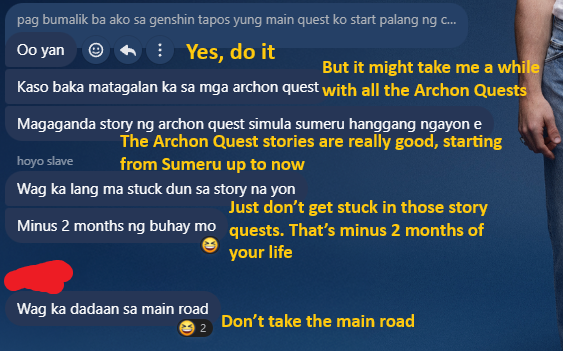 Hello genshin playing friends, I have a question

I asked my friends If I am able to catch up to the story before Columbina's release (I just started The Chasm)

What did they mean by "don't take the main road" ?