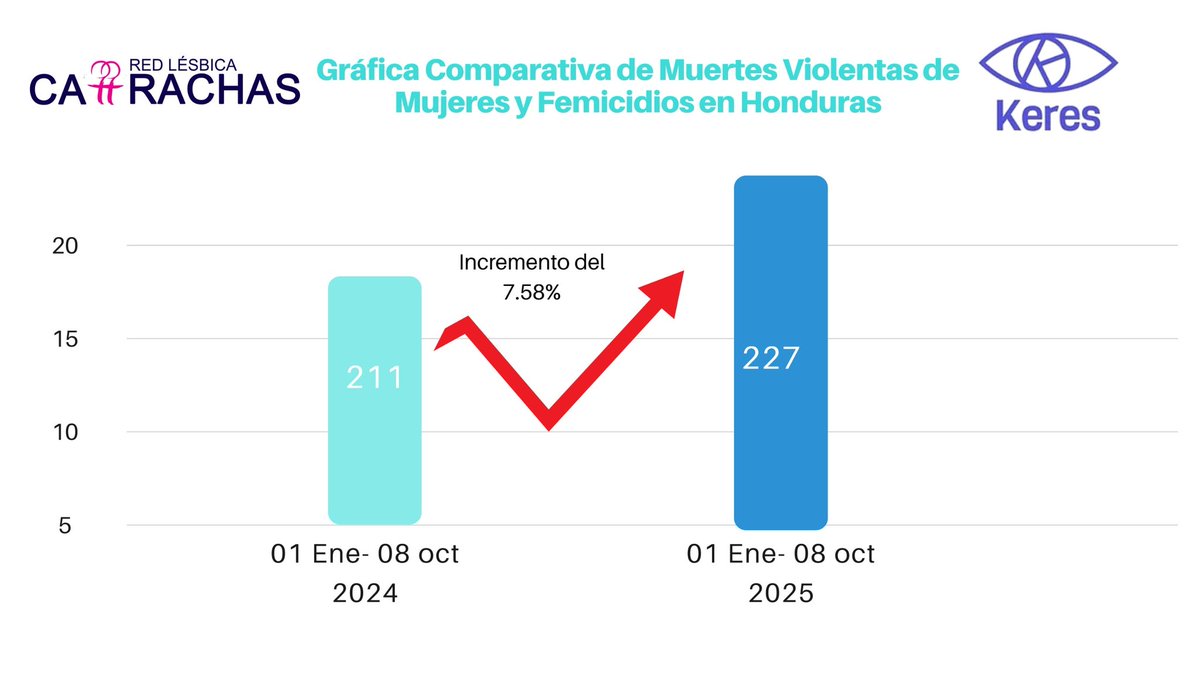 Entre el 1 de enero y el 8 de octubre de 2025, se han registrado 227 muertes violentas de mujeres en 18 departamentos del país, lo que representa un incremento de 16 casos respecto al mismo periodo de 2024, equivalente a un aumento del 7.58% en la violencia letal contra las