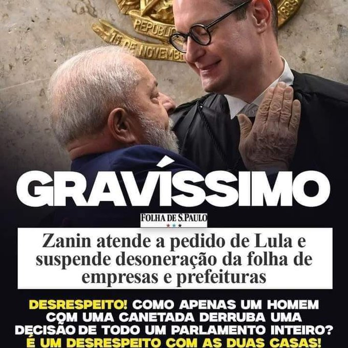 fernandoprochn2's tweet photo. Zanin e Lula: " uma vez cliente sempre cliente"
O Congresso enterra e o STF "ressuscita" impostos. #LulaVergonhaDoBrasil https://t.co/8paD7K67Op