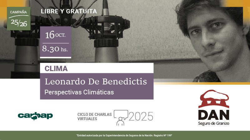 Lo esperamos en la charla habitual de Leo sobre Perspectivas Climática. La misma es abierta y gratuita. Son todos bienvenidos.

Inscríbase desde mutualdan.com.ar
Más información en los teléfonos 2983 340 620 ó 0800 362 6326

<a href="/leodebenedictis/">Leo De Benedictis</a>
@carbapargentina