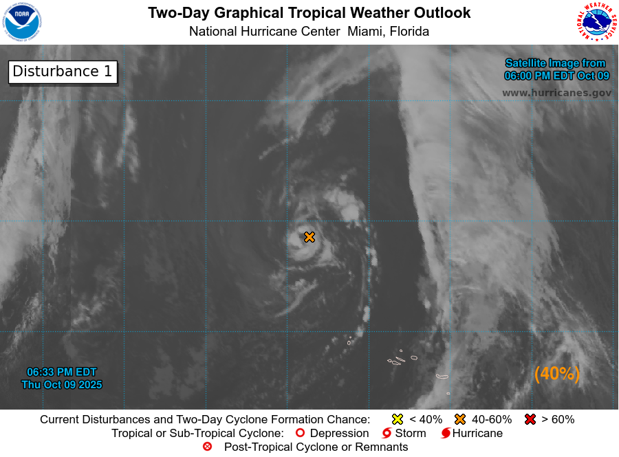 NHC_Atlantic's tweet photo. 635pm EDT Oct 9th: A Special Tropical Weather Outlook has been issued for the gale-force low located several hundred miles NW of the Azores (#AL96).
It now has a medium chance (40%🟠) of subtropical/tropical cyclone formation as soon as tonight.
Latest at https://t.co/Wq6ZtKfHp9