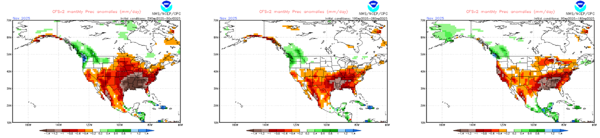 I always trend this product so, here is an outlook for November precipitation with oldest version on the right and newest version on the left.  CONSISTENT drier than normal solution for Gulf coast, mid south and lower Ohio River valley.   Most recent iteration presents off the