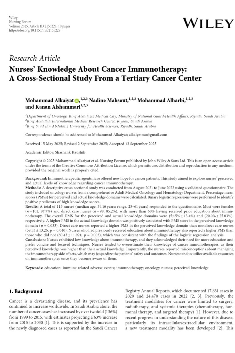 Nurses’ Knowledge About Cancer Immunotherapy: A Cross-Sectional Study From a Tertiary Cancer Center

onlinelibrary.wiley.com/doi/10.1155/nu…

Enjoy reading 💐
#oncology
#oncologyNursing
#Immunotherapy #IO
#ICI