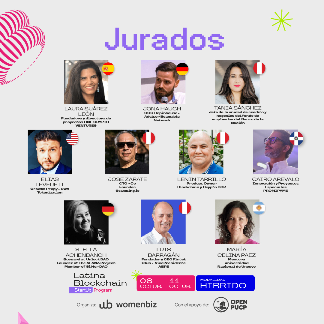 WomenBiz (@hiwomenbiz) on Twitter photo 👩⚖️ Conoce al jurado del #LatinaBlockchainStartupProgram
Expertos de 🇪🇸🇩🇪🇵🇪🇩🇴🇺🇸🇦🇷 que evaluarán las startups finalistas en el DemoDay.
Líderes de <a href="/UnlockProtocol/">Ʉnlock Protocol</a> , <a href="/Filecoin/">Filecoin</a>, <a href="/BCPComunica/">Banco de Crédito BCP</a> , <a href="/OCVCrypto/">OneCryptoVentures</a> , <a href="/ABPE_Asociacion/">ABPE - Asociación Blockchain & DLT Perú</a> , Propy, Fintek Club y más 🌎 👩⚖️ Conoce al jurado del #LatinaBlockchainStartupProgram
Expertos de 🇪🇸🇩🇪🇵🇪🇩🇴🇺🇸🇦🇷 que evaluarán las startups finalistas en el DemoDay.
Líderes de <a href="/UnlockProtocol/">Ʉnlock Protocol</a> , <a href="/Filecoin/">Filecoin</a>, <a href="/BCPComunica/">Banco de Crédito BCP</a> , <a href="/OCVCrypto/">OneCryptoVentures</a> , <a href="/ABPE_Asociacion/">ABPE - Asociación Blockchain & DLT Perú</a> , Propy, Fintek Club y más 🌎