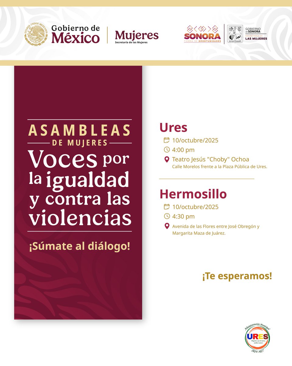 SeMujeresSon's tweet photo. ¡ATENCIÓN! Llegan las Asambleas de Mujeres, "Voces por la igualdad y contra las violencias" a #Sonora. 
Los espacios de diálogo y acción colectiva inician este fin de semana en #Hermosillo, #Ures, #Cajeme, #Bacum, #Huatabampo, #Navojoa, #Guaymas, #Empalme, #SantaAna e #Ímuris. https://t.co/0v7o6IMKXi