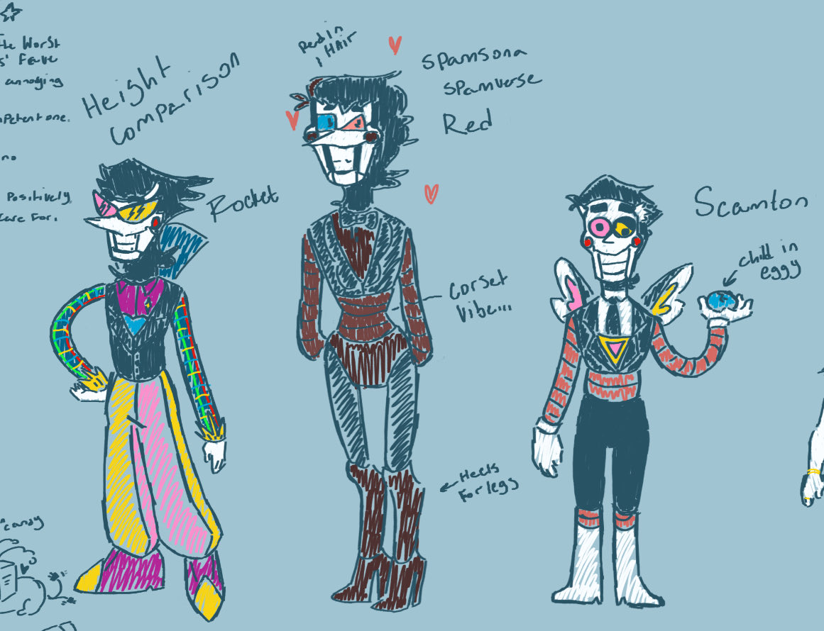 Red_and_Angel's tweet photo. Spamverse inspired me to make my own little spamsona! 
His name is crimson! With his child delilah! I also drew Scamton and Rocket! 
(Ignore the ship art.. Shhh) 

Creds to @_Flyingsnake and their amazing team for the creation of Spamverse 
#DELTARUNE #intothespamverse https://t.co/xv7aQ60jpz